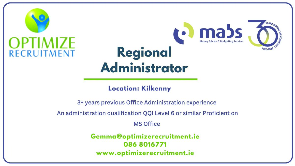 OptimizeCareers's tweet image. In collaboration with @MABSinfo, @OptimizeCareers is actively promoting a regional administrator role. 
If you&apos;re eager to learn more about this opportunity, feel free to reach out to Gemma at gemma@optimizerecruitment.ie
#adminjobs #adminroles #jobs #hiring #recruiting #orjobs