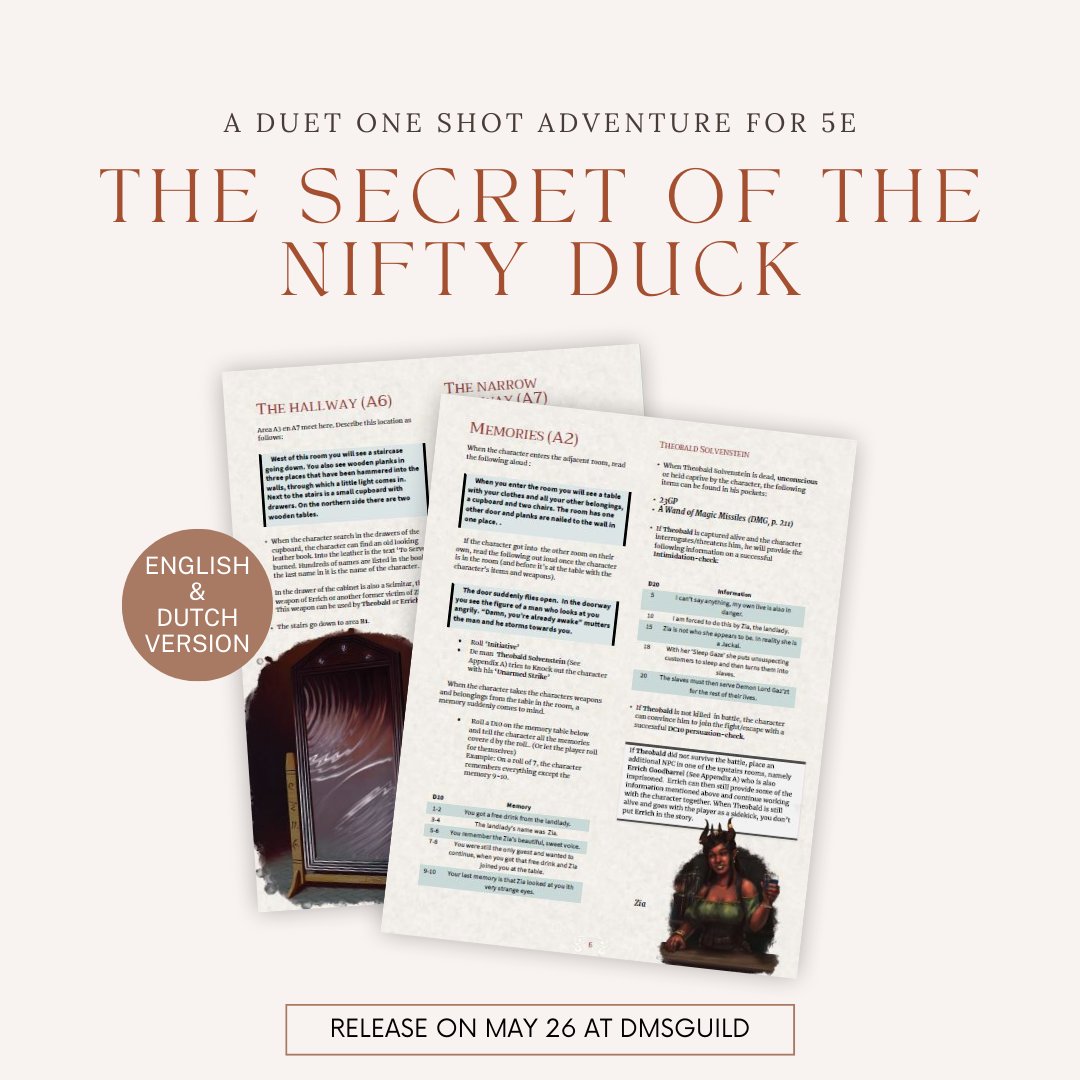 The Secret of the Nifty Duck will be available on May 26 at #dmsguild . In this #dnd5e Duet adventure you will find plenty of beautiful #artwork , drawn by @Alec_Adams , <a href="/DeanSpencerArt/">Dean Spencer Art 🏴󠁧󠁢󠁥󠁮󠁧󠁿</a> and <a href="/Axebane/">axebane.bsky.social</a>. 

#dnd #dungeonsanddragons #fantasy #rpg #ttrpg  #roleplaying #homebrew