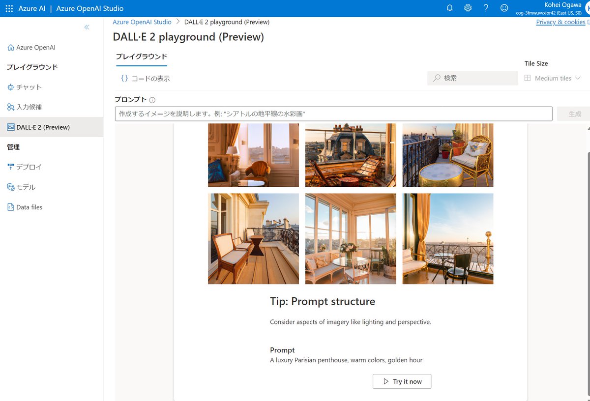 shisyu_gaku's tweet image. やっと私の環境にもDALLE 2 on Azureがきたっぽい。
#AzureOpenAIService #openai