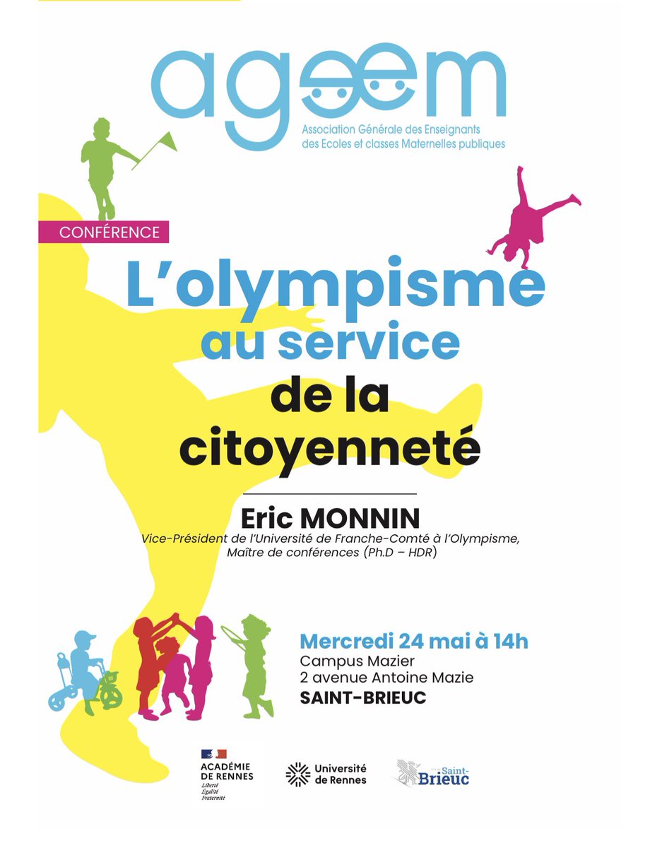Rdv le 24/05 : conf exceptionnelle pour inaugurer le futur congrès #ageem <a href="/saintbrieuc/">au levain briochin</a> #paris2024 sera l’occasion de montrer l’importance du corps et du dvpt physique à l’école mat pour la santé et les apprentissages <a href="/TonyEstanguet/">Tony Estanguet - OLY</a> <a href="/education_gouv/">Ministère Éducation nationale</a> <a href="/Sports_gouv/">Ministère des Sports 🇫🇷</a> #planmaternelle