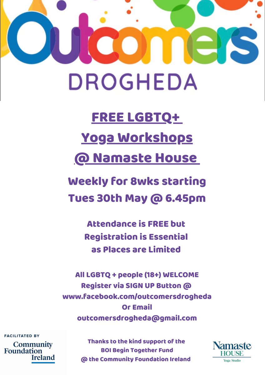 FREE #LGBTQ+ Yoga Workshops! We are delighted to announce a series of 8 FREE Weekly Yoga Workshops on Tues evenings starting @ 6.45pm on 30th May <a href="/NamastehouseAQ/">NamasteHouse.ie</a> Places are limited Registration is Essential forms.gle/9ZygVqjhKaB9Y8… OR email outcomersdrogheda@gmail.com #LouthChat