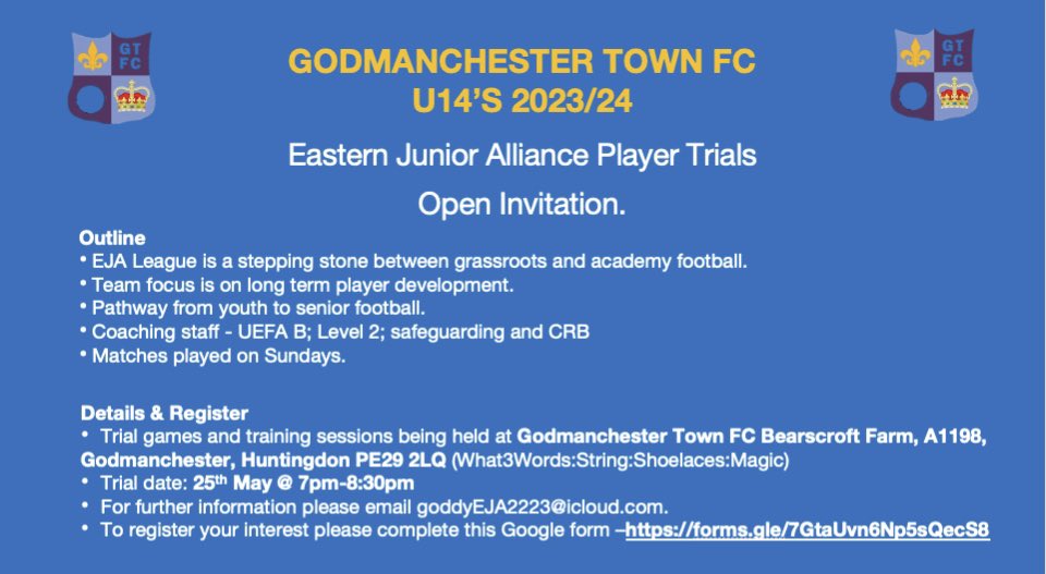 Strong attendance to our first Open Trial last week with lots of new players looking to experience #EJA U14 next season.

Another date has been added 25thMay, see the flyer for details.
<a href="/EJALeague/">EasternJnrAlliance</a> <a href="/HuntsFA/">Huntingdonshire FA</a> <a href="/CambsFA/">Cambridgeshire FA</a>