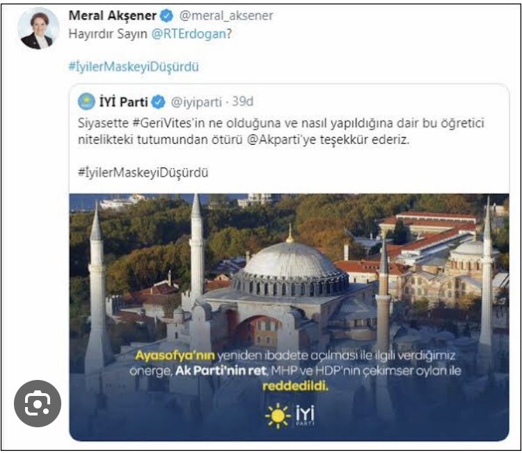 EAyseren's tweet photo. @iyiparti  olarak milletimizin hassasiyetlerini biliyor ve önemsiyoruz daha önce Ayasofya’nın  camiye çevirilmesi için üzerine durduk. akp ve MHP’nin red oylarına rağmen   başarmıştık .   @iyiparti Aziz Türk milletinin partisidir . https://t.co/374LWadCAH