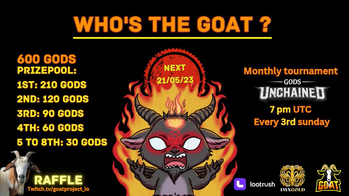 We will be in live tonight at 7pm UTC to cast the first tournament of our "WHO'S THE GOAT" series on <a href="/GodsUnchained/">Gods Unchained</a> !!! 😈
twitch.tv/goatproject_io

New exotic rules for atypical duels and creative decks!

You still have a few hours to register 👀👇:
communitygaming.io/tournament/who…