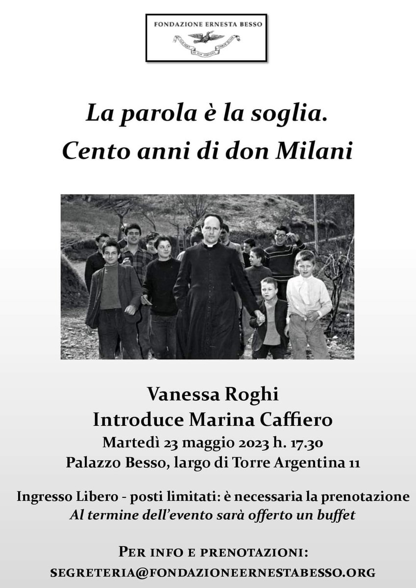 Martedì 23 Maggio alle 17:30 presso la Fondazione Ernesta Besso, largo di Torre Argentina 11, si terrà la conferenza di <a href="/VaniuskaR/">Vanessa Roghi</a> autrice di

🔹La lettera sovversiva <a href="/editorilaterza/">Editori Laterza</a>
e di
🔸Mia patria sono gli oppressi. Don Milani, la scuola, la guerra  <a href="/MomoEdizioni/">Momo Edizioni</a>