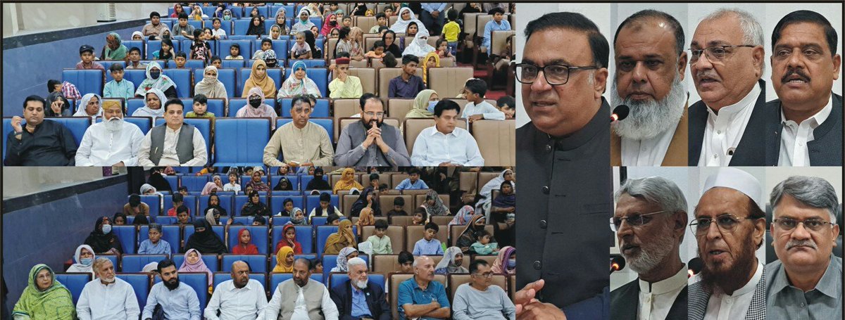 صدر فیصل آباد چیمبر آف کامرس اینڈ انڈسٹری ڈاکٹر خرم طارق آغوش میں زیرتعلیم بچوں سے عید ملن پارٹی کے موقع پر خطاب کر رہے ہیں۔چیمبر کے دیگر عہدیدارن بھی موجود ہیں۔