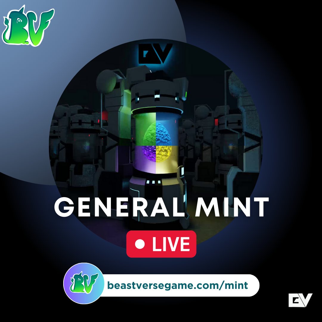 General Minting is now Live! 🔴

Go mint some eggs on 
beastversegame.com/mint

🟢Common: 5 MATIC
🔵Rare: 7 MATIC
🟣Epic: 9 MATIC
🟡Legendary: 11 MATIC

#NFTCommunity #NFTProject #MintingNow #Polygon #BeastVerse
