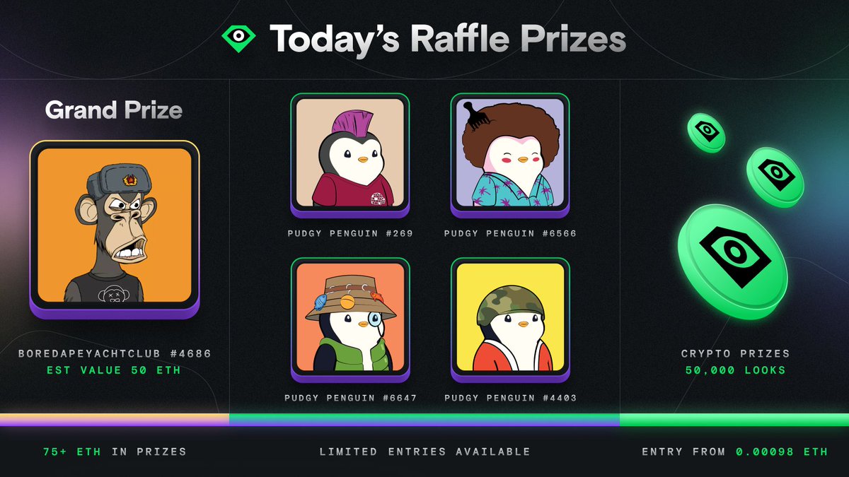 ✨ Feeling Lucky? ✨

Prizes: 
🏆 <a href="/BoredApeYC/">Bored Ape Yacht Club 🍌</a> #4686 
🏆 4x <a href="/pudgypenguins/">Pudgy Penguins</a> 
🏆 50,000 LOOKS

Get your entries here: 
➡️bit.ly/LooksRareRaffle