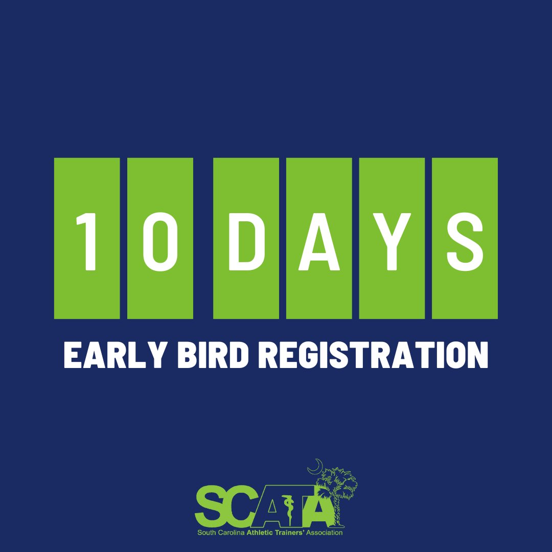 SCATCs's tweet image. Join us for the 2023 Annual SCATA Symposium, July 13-14. Registration is open and early bird pricing is available for 10 more days!! See you in Columbia! #scata #athletictrainer #scata2023 ow.ly/Aa7l50OjhHX