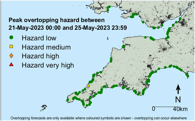 Warning! coastal overtopping is forecasted to occur in southwest England in the next five days. To sign up for more detailed coastal hazard forecasts, please visit channelcoast.org/ccoresources/s…