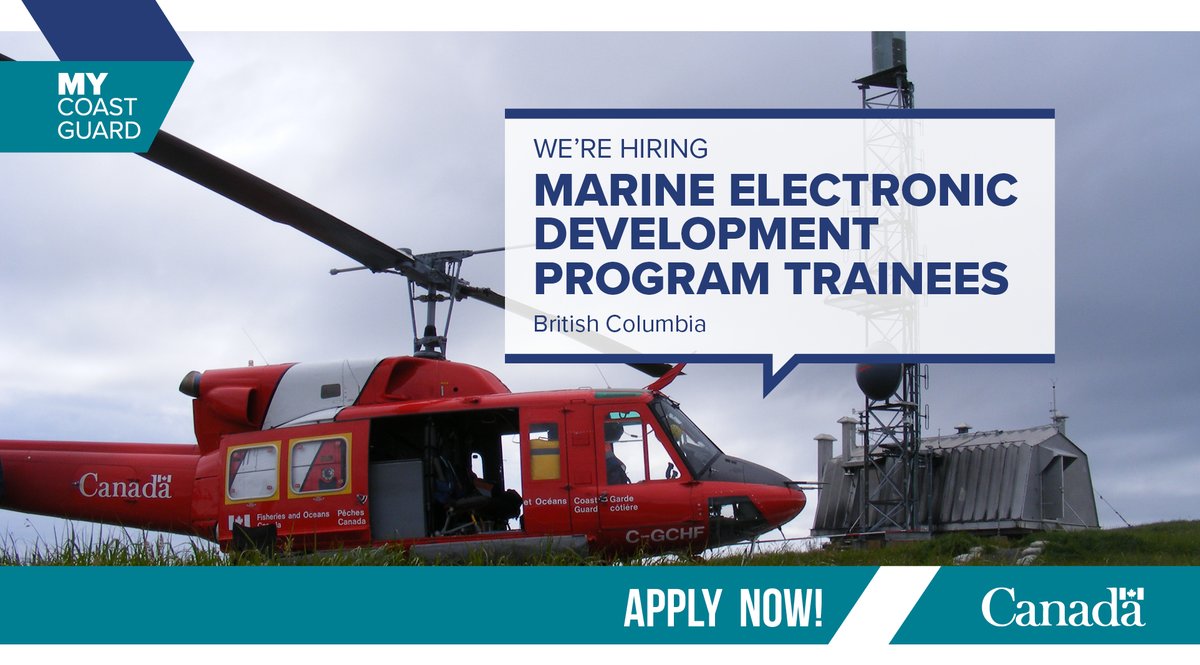 CoastGuardCAN's tweet photo. News from #BritishColumbia: We’re hiring Marine Electronic Development Program Trainees. A day with us may include flying by helicopter to a remote site to restore radio communications, and much more! Apply today: https://t.co/1KG5lIoQOD
#MyCoastGuard #JCJobs https://t.co/YRAs1YSfHC