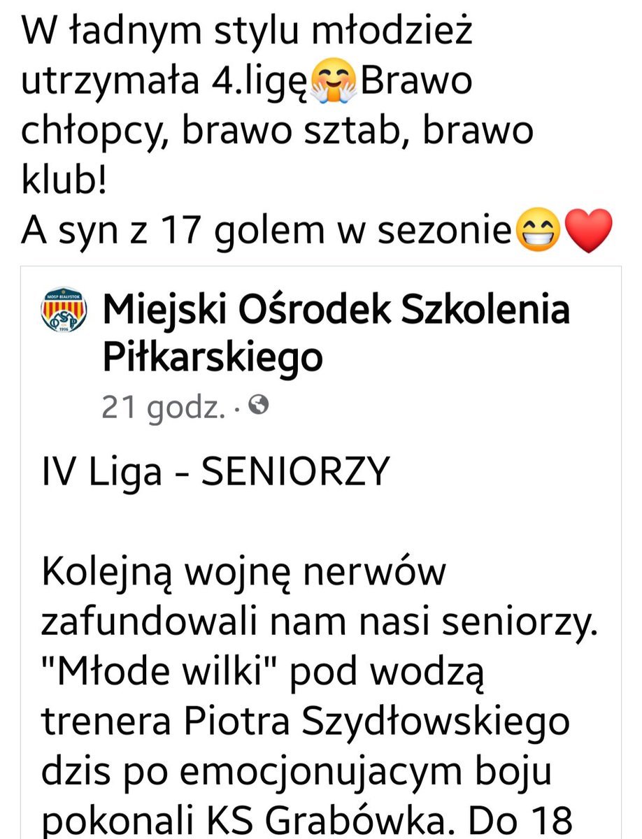 PiotrWolosik's tweet photo. To nie są leszcze Stefan! To są młode wilki😁 @MOSPbialystok najmłodszy zespół podlaskiej 4.ligi wygrał sobotni mecz 3:1, a zwycięstwo przyklepał @jakub_wolosik 
17 goli/16 asyst w sezonie i jeszcze kilka kolejek. Brawo syn. I za ciosem!🤝 https://t.co/rTcelribKX