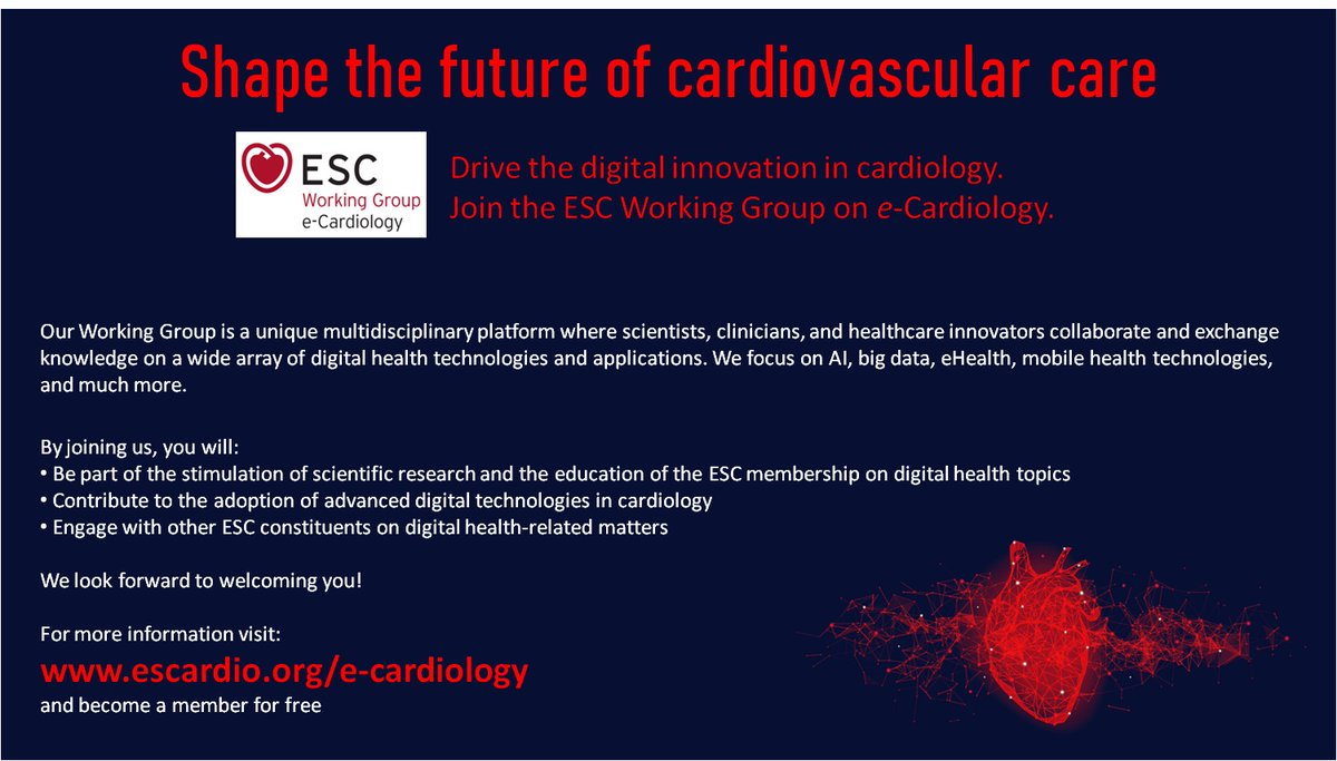 Shape the future of cardiovascular care with the  ESC's Working Group on e-Cardiology. Join us to drive digital innovation  in cardiology. Membership is free! Get involved and Learn more: [escardio.org/Working-groups…] #ESC #eCardiology #DigitalHealth #Cardiology #Innovation