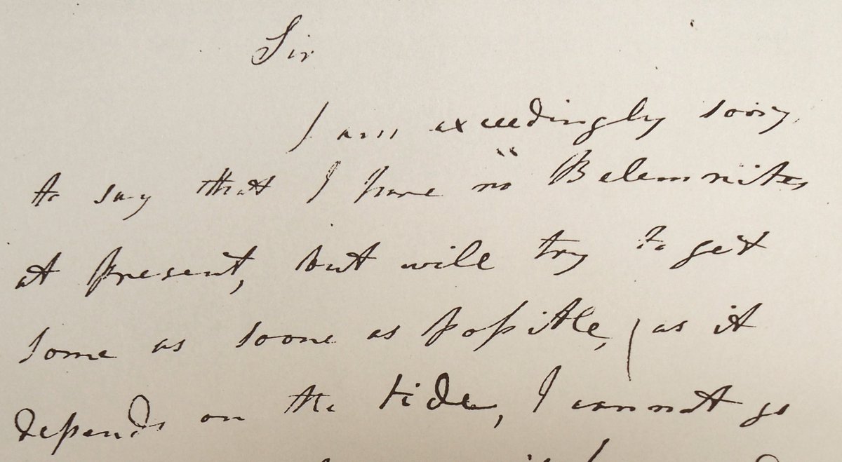 It was business as usual for #MaryAnning on her 36th birthday in 1835, writing to palaeontologist John Phillips at Kings College London: 'I am exceedingly sorry to say that I have no Belemnites at present but will try to get some as soon as possible as it depends on the tide' 1/2