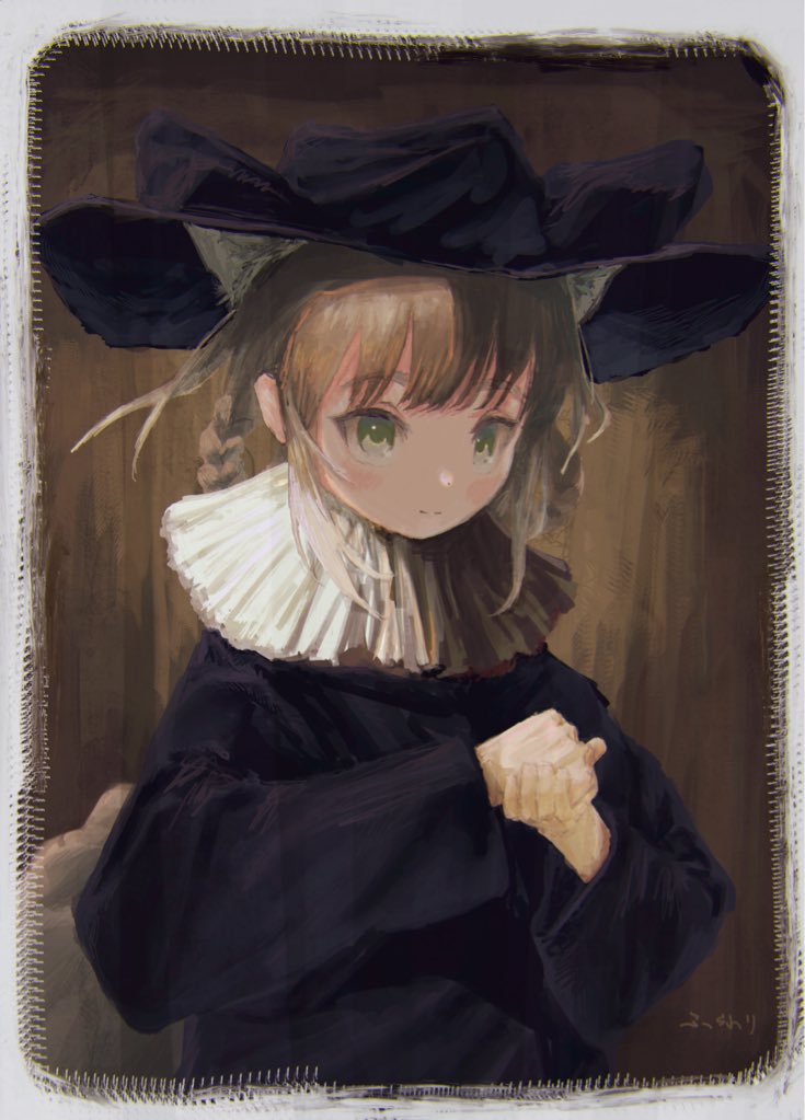 suzuran (arknights) 1girl solo animal ears black dress hat alternate costume own hands together  illustration images