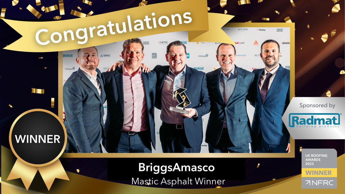 Congratulations once again to @BriggsAmascoLtd for winning the #RA2023 Mastic Asphalt Award, sponsored by @RadmatOfficial ⭐👏 #RoofingAwards2023 #Radmatofficial