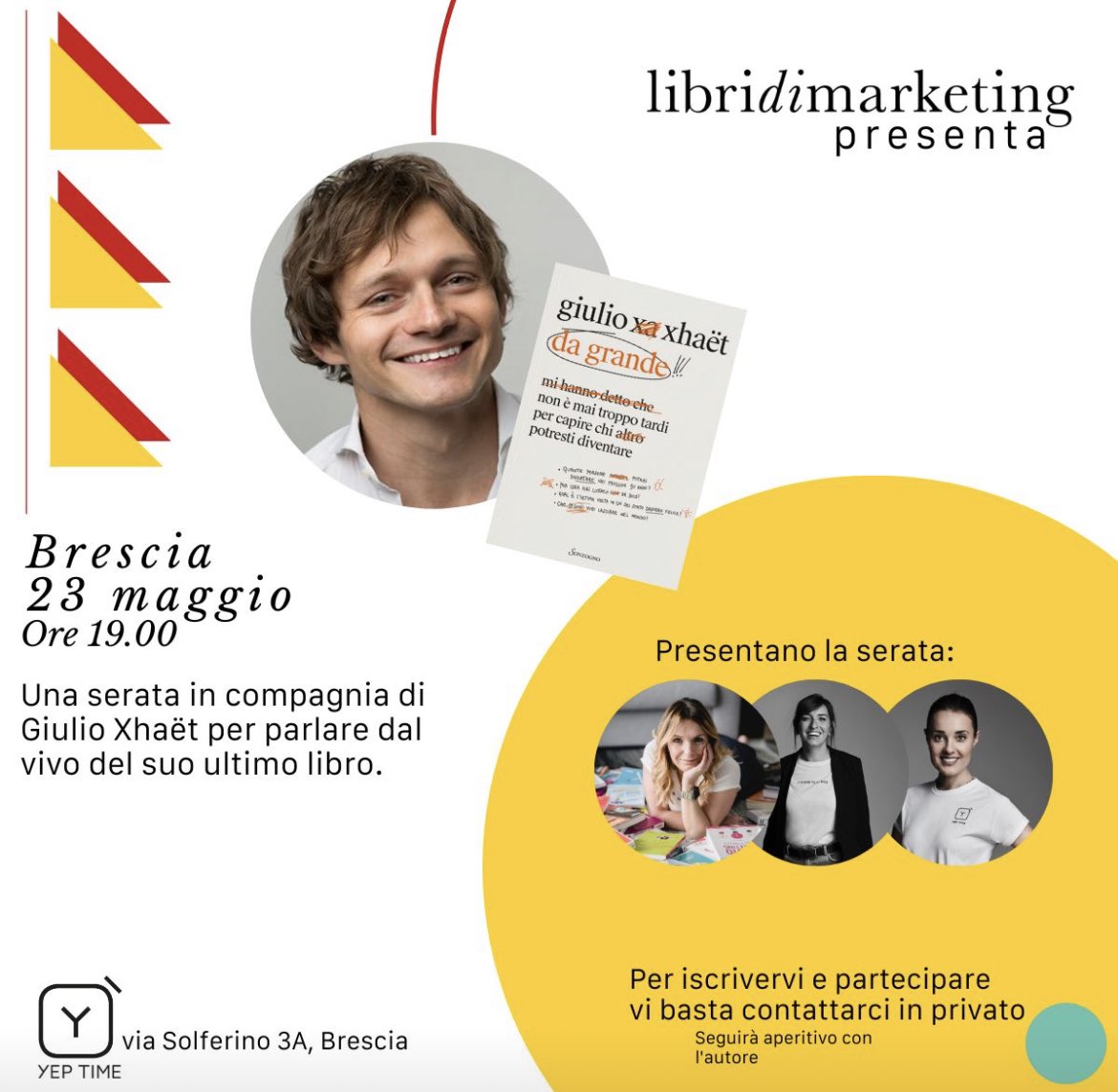 Riprende il #DaGrandeInTour
🔥Domani (lunedì 22 maggio) a BOLOGNA alle 18, ci troveremo al MUG per un training gratuito sullo sviluppo del proprio purpose.
🔥 Dopodomani (martedì 23 maggio) a BRESCIA, ore 19 da Libri diMarketing per una presentazione immersiva
Spargete la voce 😉