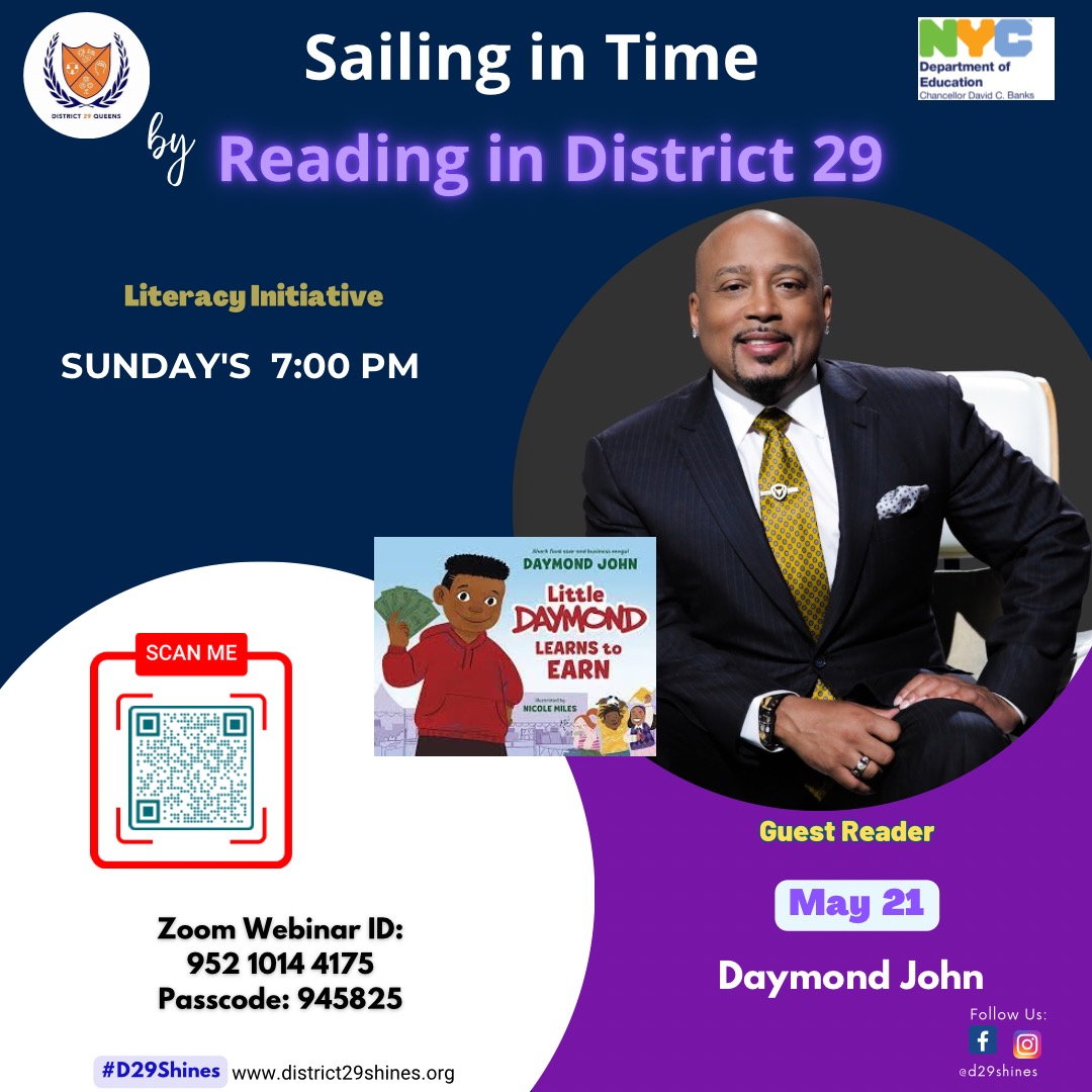 Excited to announce our next guest reader for Sailing in Time by Reading in D29...
Mr. Daymond John!

Our literacy initiative using technology, to involve families, and build excitement around reading

Every Sunday at 7pm, except holidays.

Please join us

zoom.us/webinar/regist…
