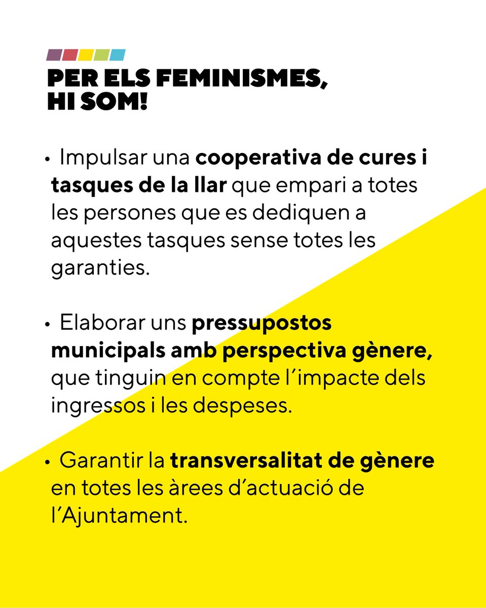 CupTarrega's tweet photo. ✊🏽 Pels Feminismes, #HiSom!

📚 T'expliquem les propostes 🔝 sobre aquest eix!

👉🏼 Cooperativa de cures, perspectiva de gènere en tota l'administració, adaptar tots els equipaments municipals i parcs infantils, pla antiracista municipal...

📲 Programa: https://t.co/j3DeonRA8M https://t.co/8gmXJ06PoO