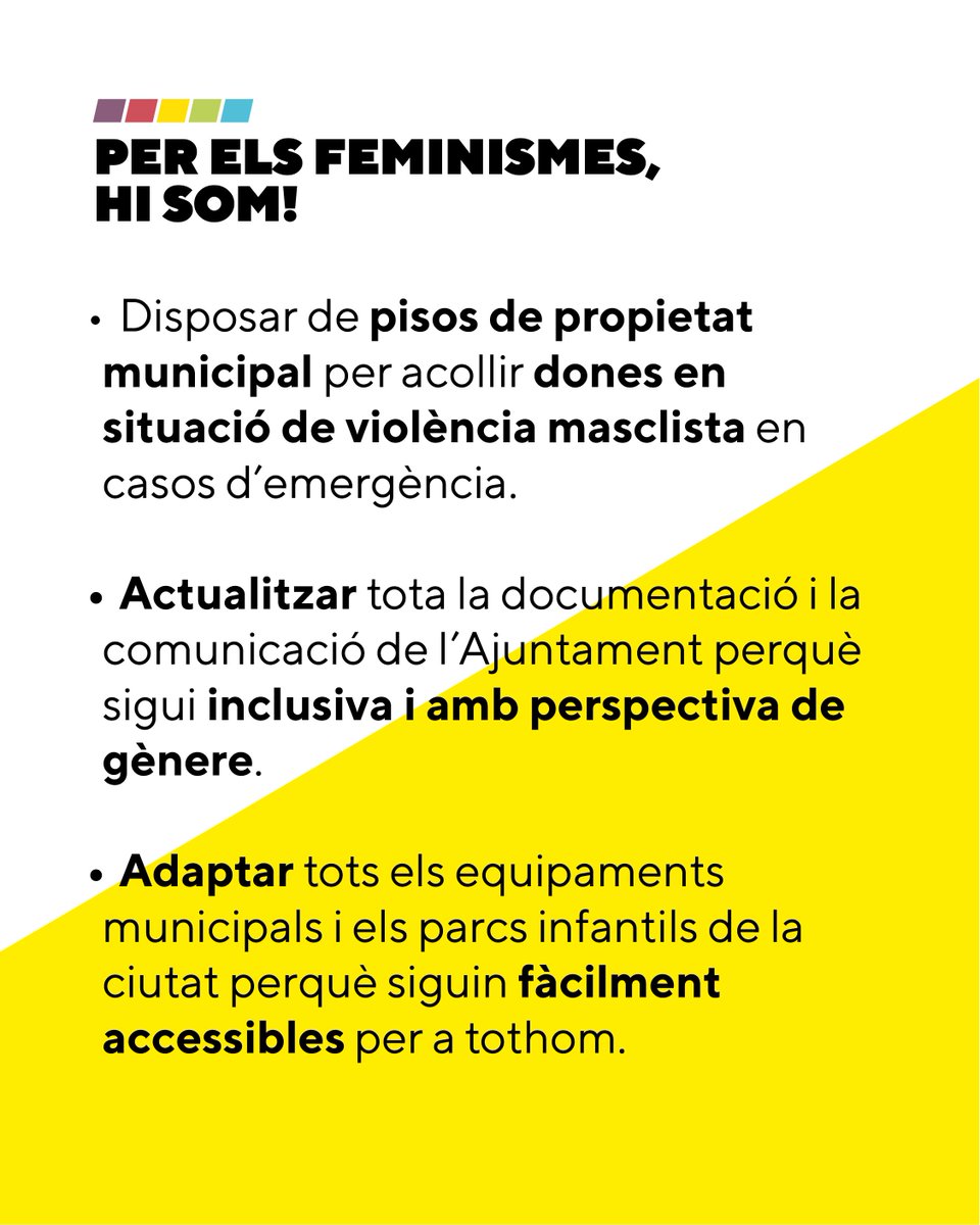 CupTarrega's tweet photo. ✊🏽 Pels Feminismes, #HiSom!

📚 T'expliquem les propostes 🔝 sobre aquest eix!

👉🏼 Cooperativa de cures, perspectiva de gènere en tota l'administració, adaptar tots els equipaments municipals i parcs infantils, pla antiracista municipal...

📲 Programa: https://t.co/j3DeonRA8M https://t.co/8gmXJ06PoO
