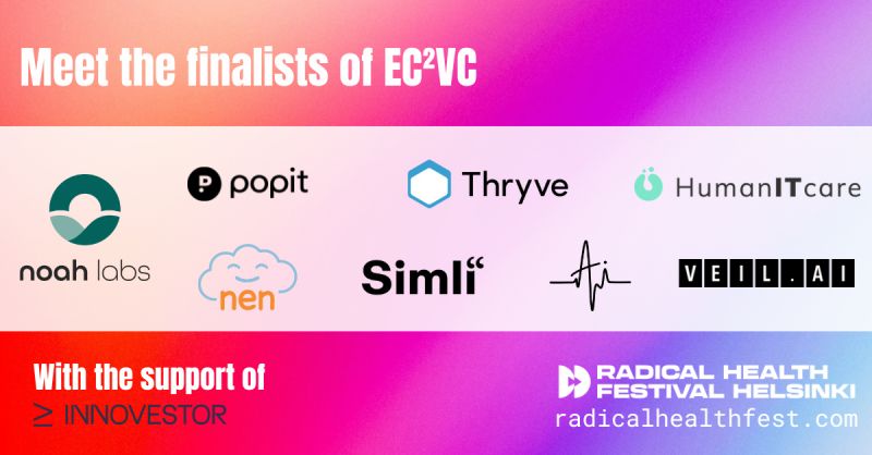 Congratulations to all the finalists that have been selected by a panel of experts to pitch their solution on stage at EC2VC on June 12th! We can wait to see you on stage in Helsinki and see who the grand winner will be! #investment #pitchcompetition #startup #radicalhealth #data