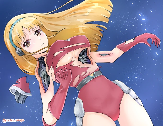 敵の攻撃で損傷したアルティアナ(※pixivリクエストでのご依頼ありがとうございました!。差分数枚はpixivにアップ) #メカバレ #スペースハンター