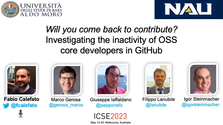 Fabio Calefato (@fcalefato) on Twitter photo On my way back to Bari after <a href="/ICSEconf/">ICSE</a> where I presented our EMSE J1C2 paper "Will you come back to contribute? Investigating the inactivity of OSS core developers in GitHub," joint work w/ <a href="/gerosa_marco/">Marco Aurelio Gerosa</a> <a href="/PepponeFX/">Giuseppe Iaffaldano</a> <a href="/lanubile/">Filippo Lanubile</a> <a href="/igorsteinmacher/">Igor Steinmacher</a>
Here a short summary (🧵) #ICSE2023 On my way back to Bari after <a href="/ICSEconf/">ICSE</a> where I presented our EMSE J1C2 paper "Will you come back to contribute? Investigating the inactivity of OSS core developers in GitHub," joint work w/ <a href="/gerosa_marco/">Marco Aurelio Gerosa</a> <a href="/PepponeFX/">Giuseppe Iaffaldano</a> <a href="/lanubile/">Filippo Lanubile</a> <a href="/igorsteinmacher/">Igor Steinmacher</a>
Here a short summary (🧵) #ICSE2023