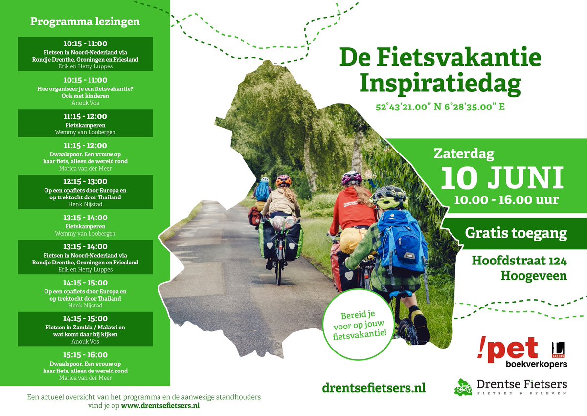 ToniMelenhorst's tweet photo. Op 10 juni organiseren de Drentse Fietsers en !pet boekverkopers een Fietsvakantie Inspiratiedag. Een boeiende dag met tal van lezingen door ervaringsdeskundigen en met medewerking van verschilde lokale bedrijven. !pet boekverkopers Hoogeveen https://t.co/V9jQ3adsQD https://t.co/bY4iXWylYh