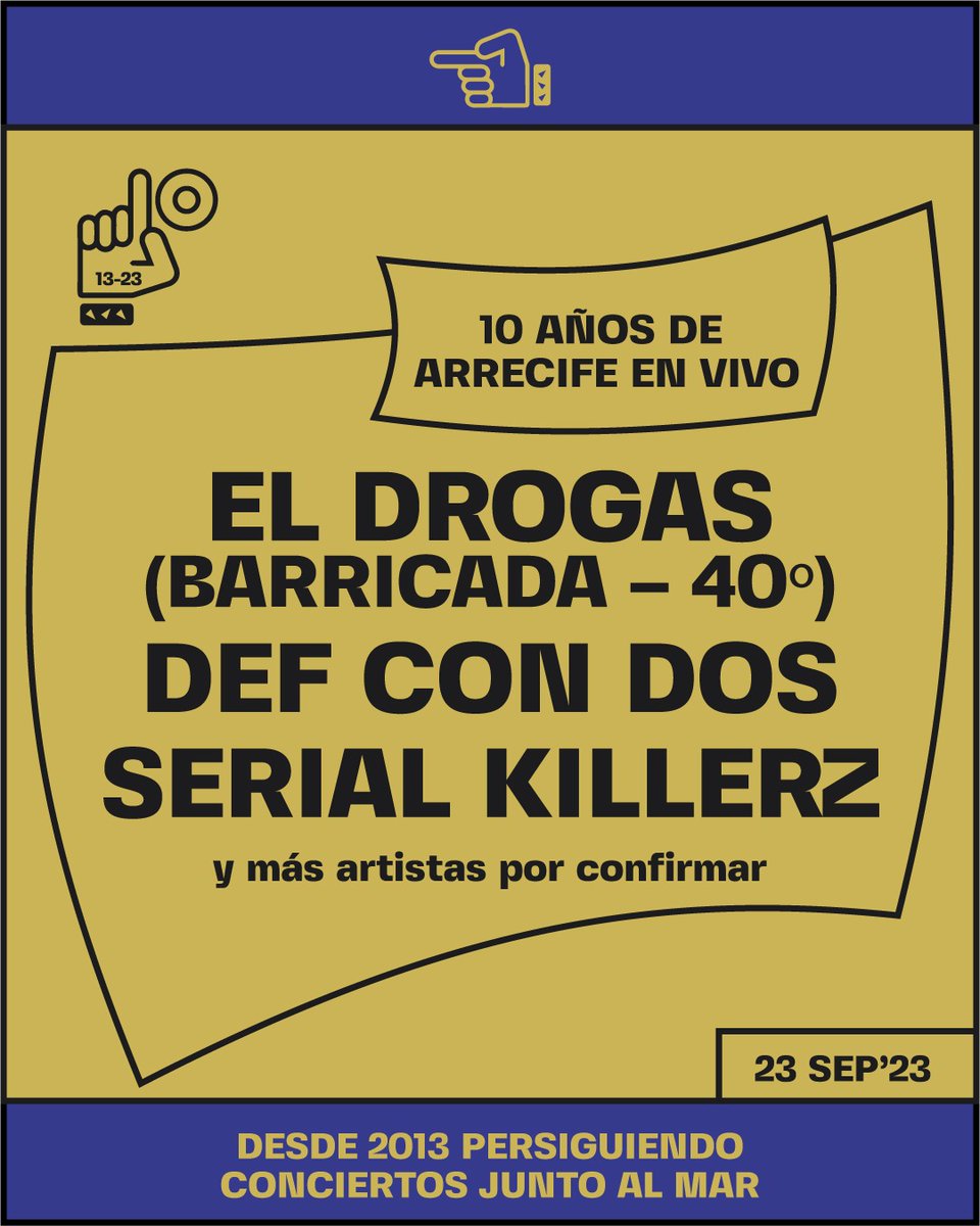 ArrecifeenVivo's tweet photo. 🧨 𝟭𝟬° 𝗔𝗻𝗶𝘃𝗲𝗿𝘀𝗮𝗿𝗶𝗼 𝗔𝗿𝗿𝗲𝗰𝗶𝗳𝗲 𝗲𝗻 𝗩𝗶𝘃𝗼
🗓️ 23 SEP
⌚18h
⚓ Arrecife
⭐ @ElDrogasOficial  (Barricada 40°)
⭐ @DEF_CON_DOS
⭐ #SerialKillerz
⭐+ artistas por confirmar
🎟️ 20 € (oferta lanzamiento) 🪂 en https://t.co/EKfnKWzhYo
‼️ A͟F͟O͟R͟O͟ ͟L͟I͟M͟I͟T͟A͟D͟O͟ https://t.co/2MXI3mdZPA