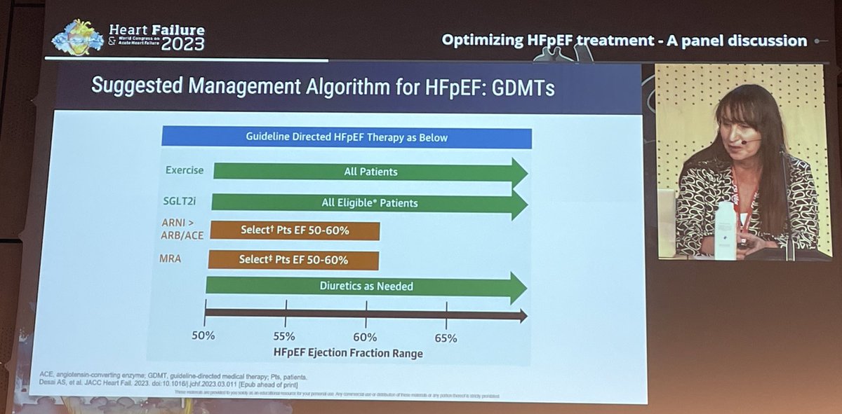 Suggested Management Algorithm for HFpEF: GDMTs by @ShelleyZieroth #HeartFailure2023 🟩 Exercise 🚴🏾‍♂️ 🟩SGTL2i 🟩 Diuretic as needed 💦 🟧 ARNI select pts EF 50-60% 🟧 ARM select pts EF 50-60%