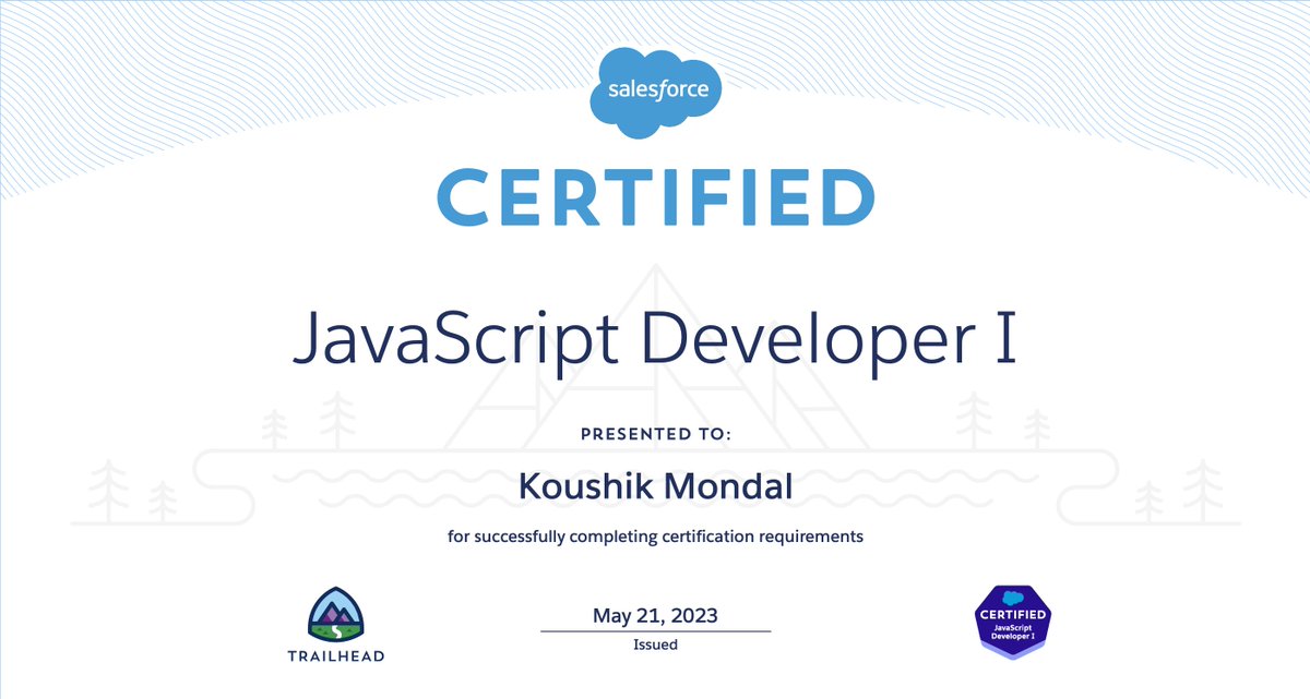 Excited to share that I've completed the <a href="/salesforce/">Salesforce</a> Certified JavaScript Developer I certification.

Thank you <a href="/PwC/">PwC</a> for providing me with this opportunity.

Thanks to <a href="/karkra_nikhil/">Nikhil karkra</a> for creating amazing preparation resources.

#salesforcedays <a href="/SalesforceDevs/">Salesforce Developers</a> <a href="/SalesforceforIT/">Agentforce 360 Platform</a>