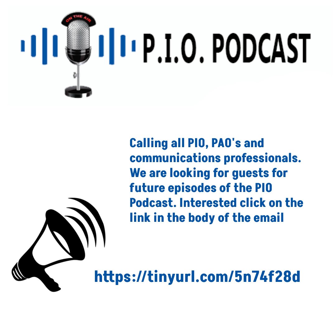PIOPodcast's tweet photo. A call for guest speakers. As a PIO/PAO, media relations professional, or communication expert this is an opportunity to Share your knowledge, strategies, and success stories. #PIOpodcast #GuestSpeakers https://t.co/45FyFNzYhr https://t.co/QbbWdSt55N