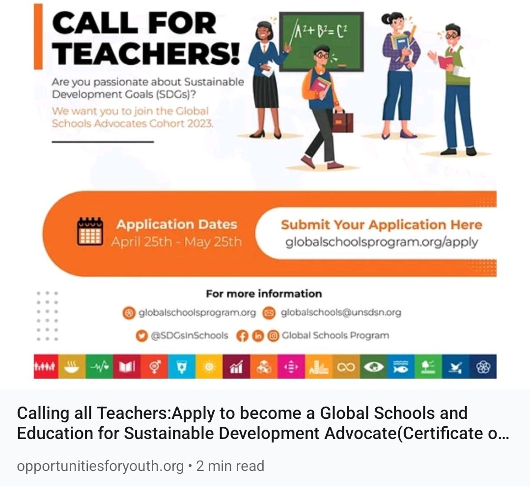 Calling all #Teachers! Looking for ways to integrate sustainability in your classroom?

Apply for the @globalschoolsprogram Advocates Program to receive amazing training and resources on the UN #SustainableDevelopmentGoals!
Deadline May 25th : bit.ly/44v8iVW 

#education