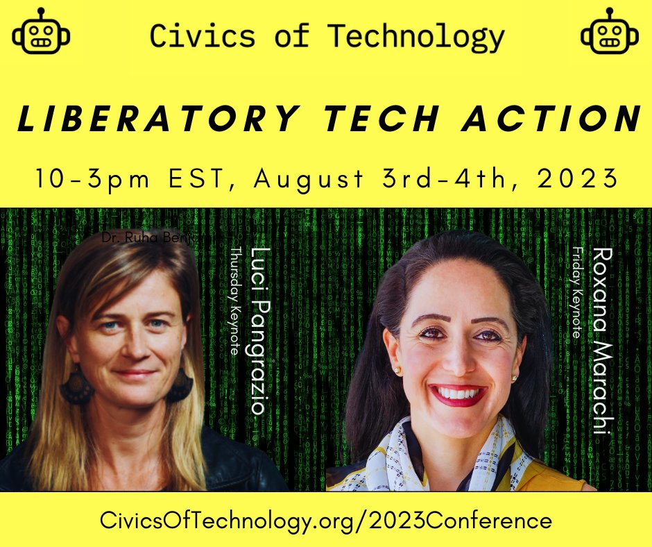 🤖CONFERENCE ANNOUNCED!🤖 It's happening again, y'all!

The 2023 Civics of Tech conference🤖Liberatory Tech Action🤖 is accepting proposals through June 26. Drs. Pangrazio @lucipangrazio and Marachi <a href="/ConnectEdProf/">Roxana Marachi, PhD</a> will keynote. Register today! 
civicsoftechnology.org/blog/join-us-t…
