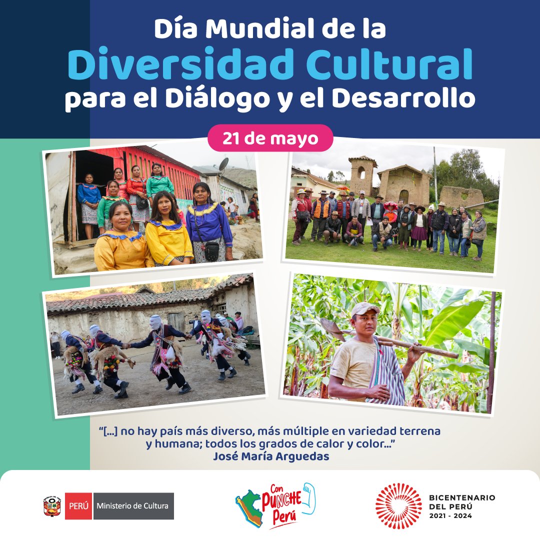 MinCulturaPe's tweet photo. 🌎🤝🌱 El Perú es uno de los países culturalmente más diversos. En el Día Mundial de la #DiversidadCultural para el Diálogo y el Desarrollo, reconocemos en nuestra riqueza étnica, lingüística e histórica la fuente que debe impulsar el progreso y bienestar de peruanas y peruanos. https://t.co/adxz0CBvdV