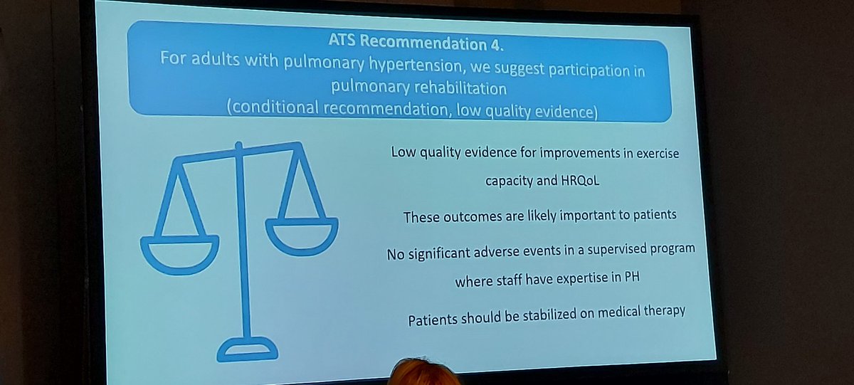 REvans_Breathe's tweet photo. #ATS2023 #respisbest 
Anne Holland takes us through the recommendations- NB these are awaiting approval 
🌟 👍for including #ILD
🌟 conditional👍for pulm hypertension with care
🌟 👍for telerehabilitation 
🌟 👎for formal maintenance programmes (acknowledges need for support) https://t.co/tSDEiVZ7au