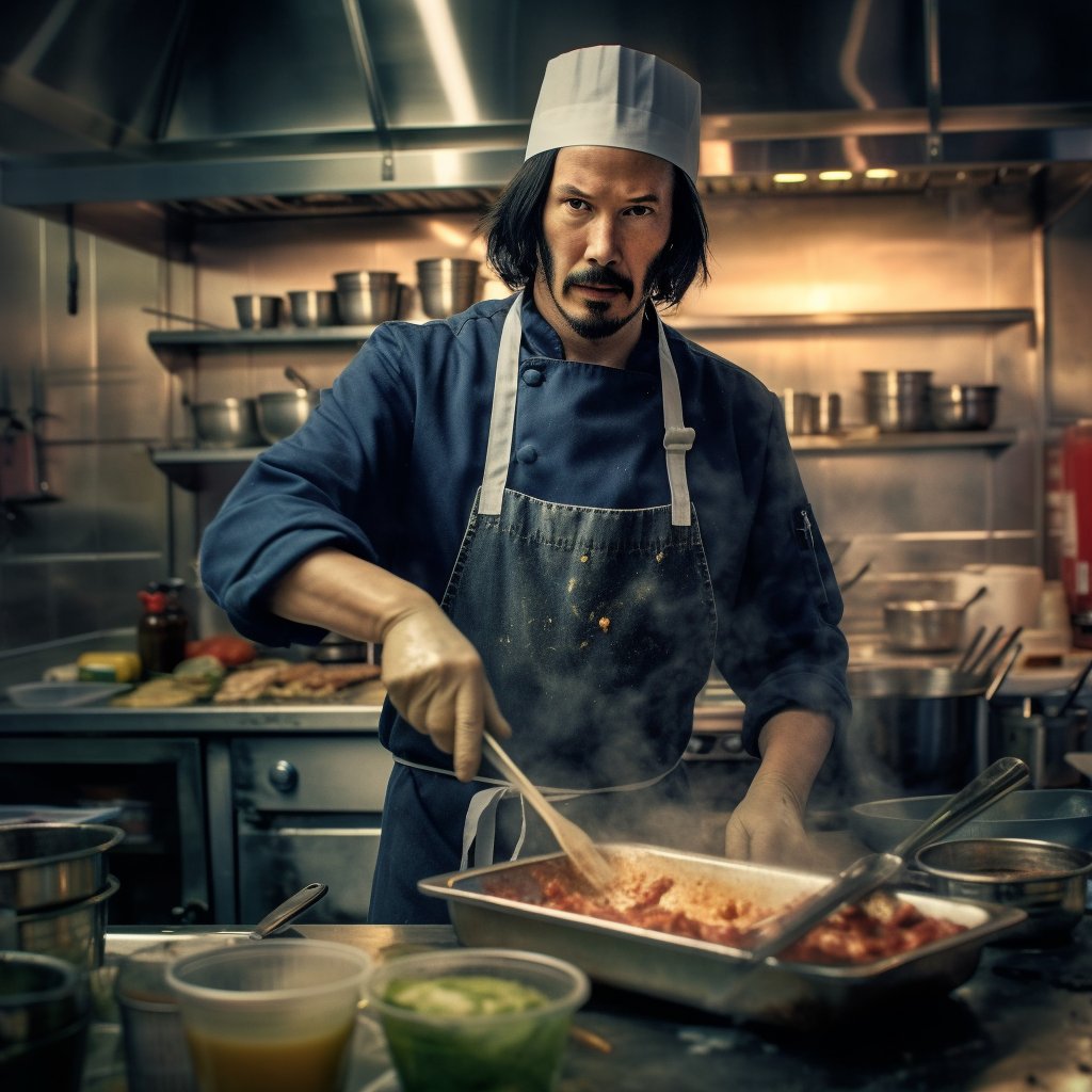 PromptPicsUni's tweet photo. Explore the fascinating #ArtificialIntelligence masterpiece! 🎨 Prompted by 'Keanu Reeves as a chef', the #AITextToImage transformation showcases lifelike textures, dynamic lighting, and culinary mastery. Check it out 👉 https://t.co/Q8MoOF2xTZ  #KeanuReeves #AIImage https://t.co/tLaCRkeWnM