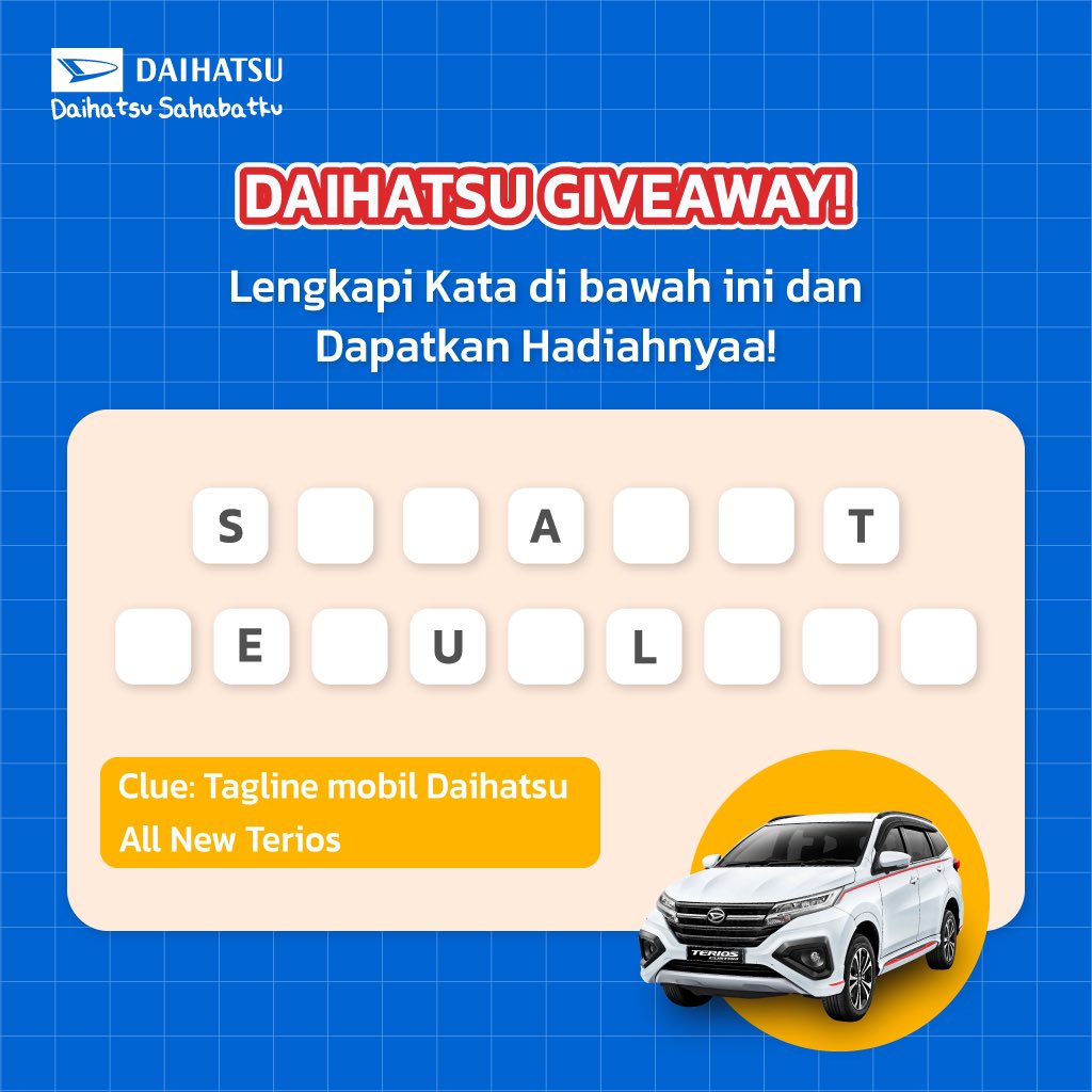 DaihatsuInd's tweet photo. Seru-seruan dapet hadiah? Cuma ada di #DaihatsuGiveaway dong!

Yuk jawab pertanyaannya &amp; menangkan hadiah Merchandise spesial, caranya:

- Follow @DaihatsuInd
- RT &amp; LIKE tweet ini
- Reply jawaban kamu sebanyak-banyaknya
- Sertakan hashtag #DaihatsuGiveaway

Easy kan, cus ikutan! https://t.co/DzWsr8vKDx