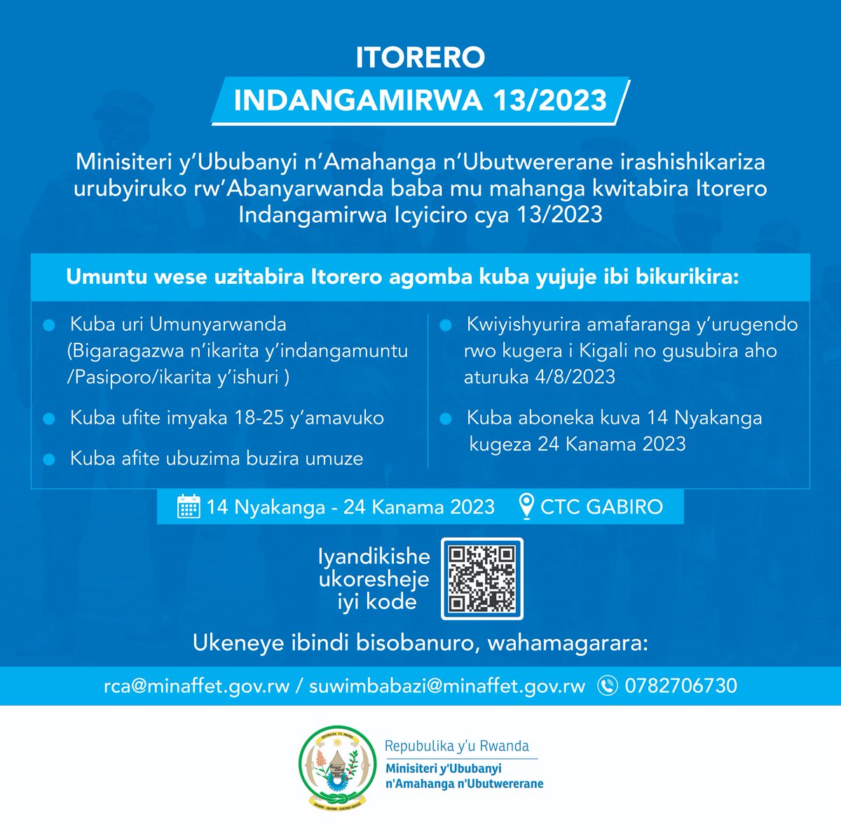 gahigip's tweet photo. "📢Tuributsa urubyiruko ruba mu mahanga kwitabira 
        Itorero Indangamirwa (14 Nyakanga- 2023) .

🗓️Itariki ntarengwa yo kwiyandikisha ni 31 Gicurasi 
        2023.

🔗Kanda hano https://t.co/M4VRIyvHcz wiyandikishe 
        cyangwa ukoreshe kode. https://t.co/zGJhlM8zH6"
