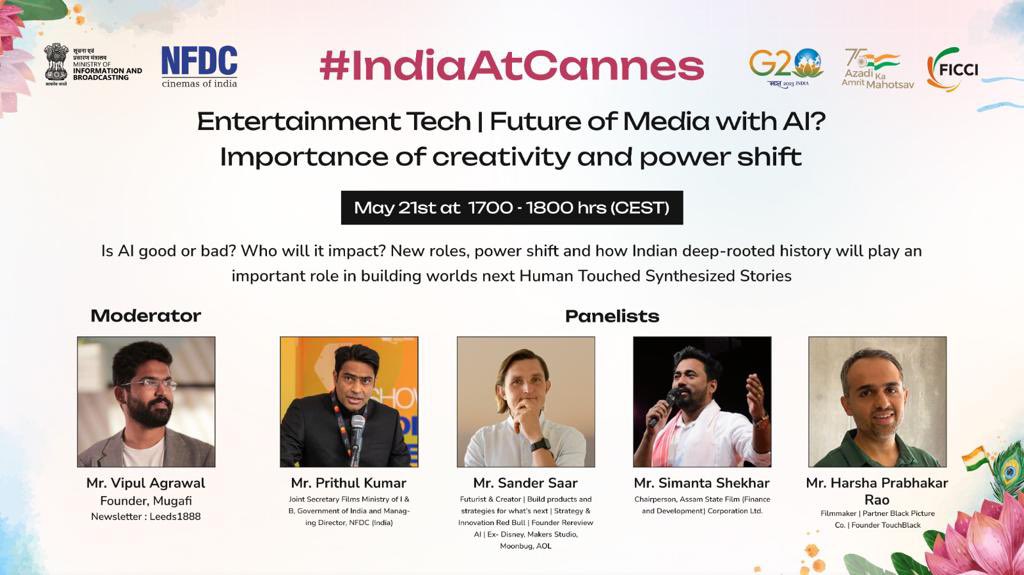 Join us for a session on Entertainment Tech, the future of AI and importance of Creativity and Power shift, today from 1700-1800 hrs (CEST) at the India Pavilion, Cannes Film Festival 2023!
#IndiaAtCannes #Cannes2023 #IndiaAtCannes23