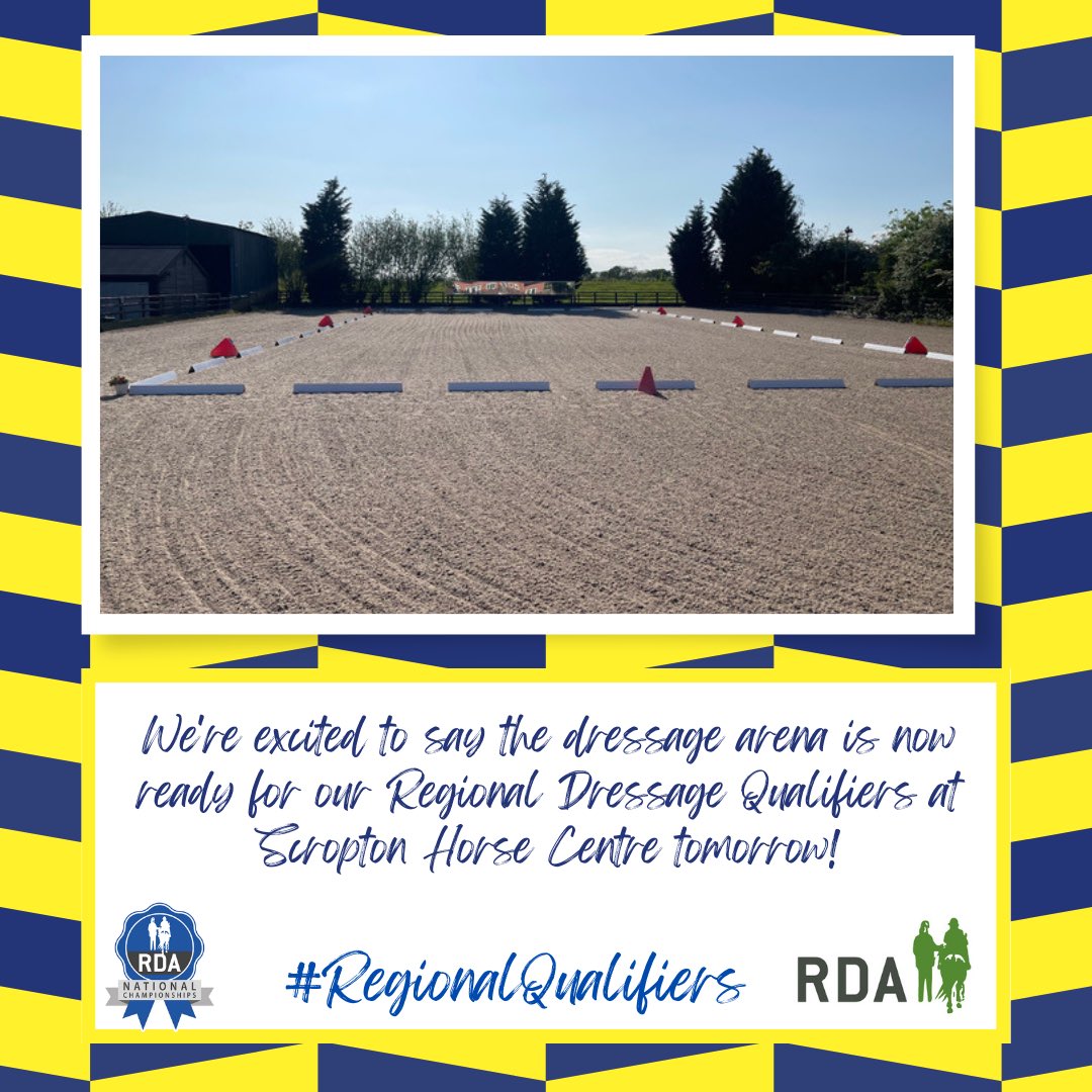 North_Mids_RDA's tweet photo. We're excited to say the dressage arena is now ready for our Regional Dressage Qualifiers at @ScroptonHC tomorrow with the sunshine surrounding the outside arena ๐๐ผ
#RegionalQualifiers #NorthMidlands #Dressage #Competition #RDA #ScroptonHorseCentre #BehindTheScenes
@RDAnational https://t.co/WCjZr5zdIr