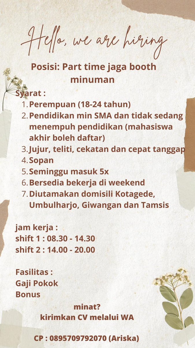 AriskaNurama's tweet photo. Helo, buat temen temenku yang mungkin lagi cari tambahan jajan. Kebetulan lagi cari buat jaga booth di daerah XT Square.
Ditunggu maksimal sampai tanggal 28 mei yaa.
Insyaallah awal juni mulai jualan. #parttime #parttimejogja https://t.co/Zzi19Gx4rd