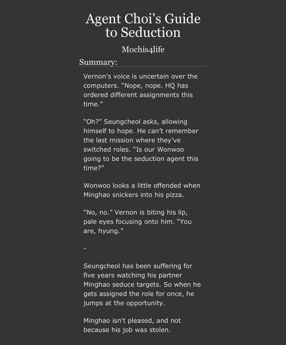 svtficrec's tweet photo. agent choi’s guide to seduction by mochis4life
sᴇᴜɴɢᴄʜᴇᴏʟ/ᴍɪɴɢʜᴀᴏ
https://t.co/WIC3GjLs9G https://t.co/neHsKaxZkH