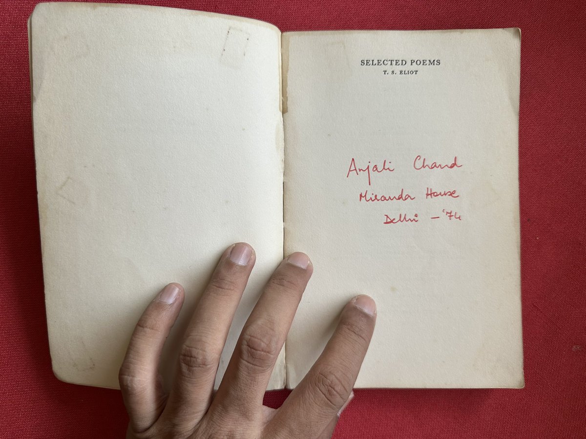 thedelhiwalla's tweet photo. Hi Anjali Chand. I wonder where are you these days. I don’t know you, but that you were an English Lit student at Delhi University’s Miranda House, “74… today I picked up your heavily annotated Eliot from Delhi’s Sunday Book Bazar, and brought it to its new home. https://t.co/tADfGBJlDb
