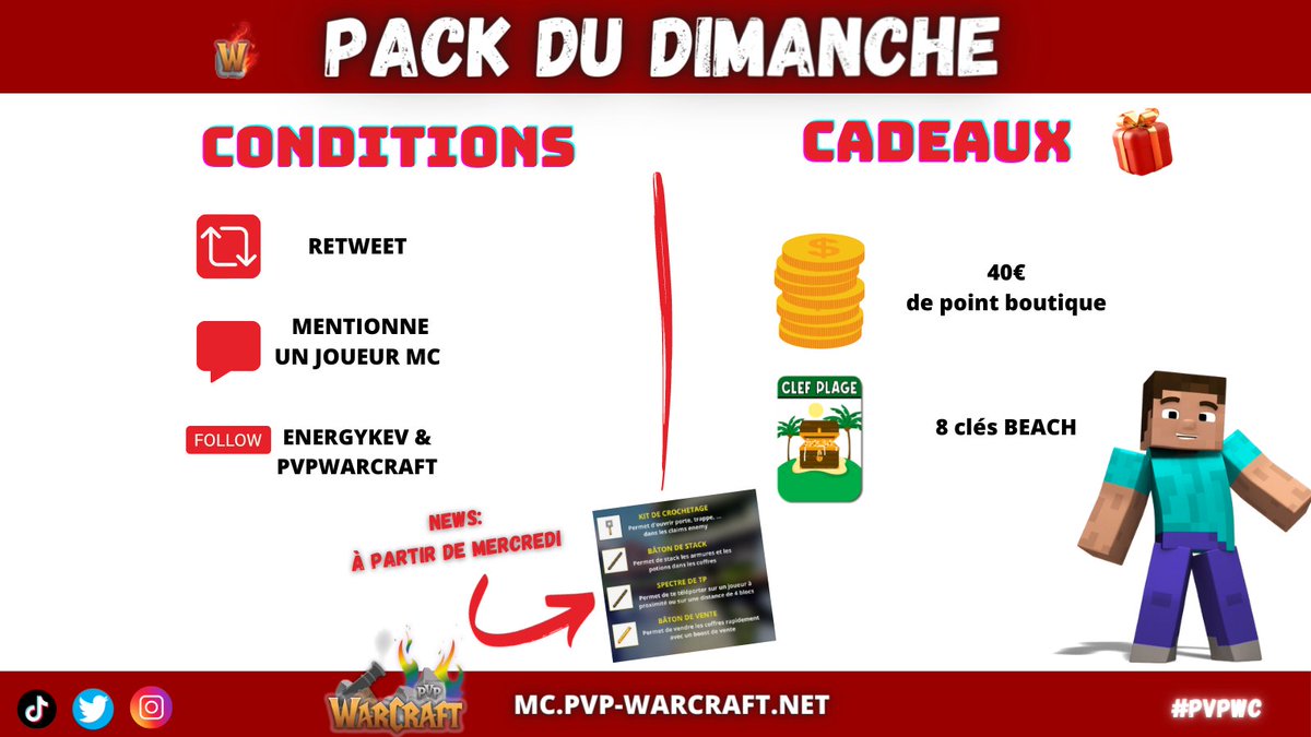 PvPWarcraftnet's tweet photo. 🥳 PACK DU DIMANCHE ! #giveway  
participe à notre concours , tu as toutes tes chances de gagner, les conditions sont sur notre image.🍀

👉 @PvPWarcraftnet &amp; @EnergykevOff 

📍 IP: https://t.co/SK6sZuWiTS       

fin du concours 00h00      
#minecraft #JeuConcours #servermc https://t.co/MHVHYEdif7