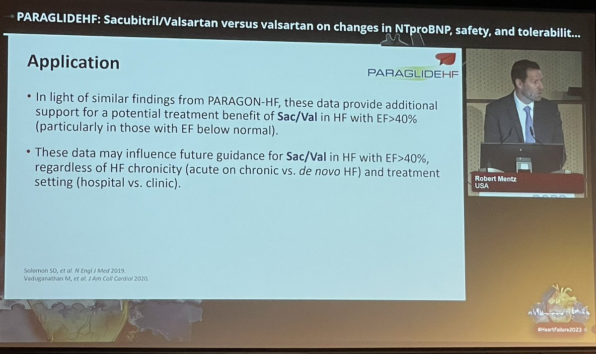 Late breaking trials II: PARAGLIDEHF - sac/ val beats valsartan in HFmrEF and HFPEF after WHF event #HeartFailure2023 #HFA2023 #CardioTwitter #ESC