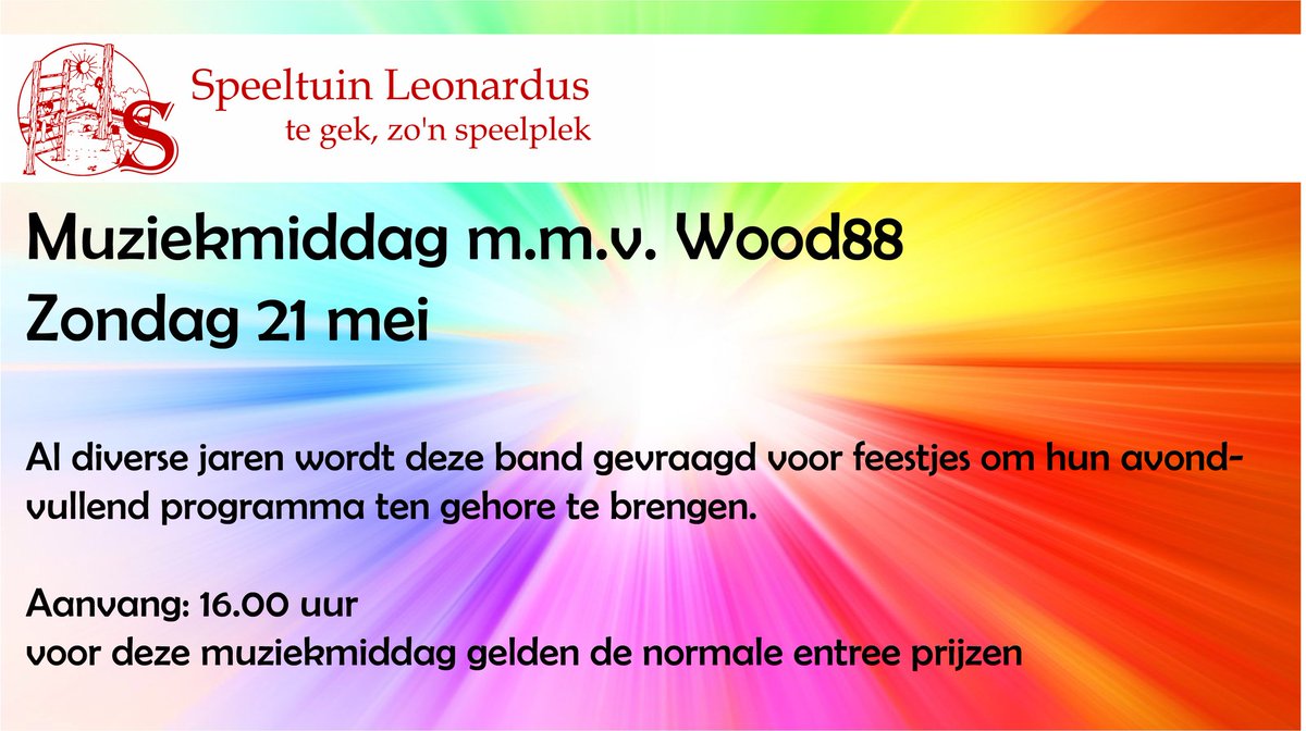 Vanmiddag speelt Wood88 in speeltuin Leonardus. Met dit mooie weer beloofd het een gezellige middag te worden.<a href="/wood88/">Wood 88</a>