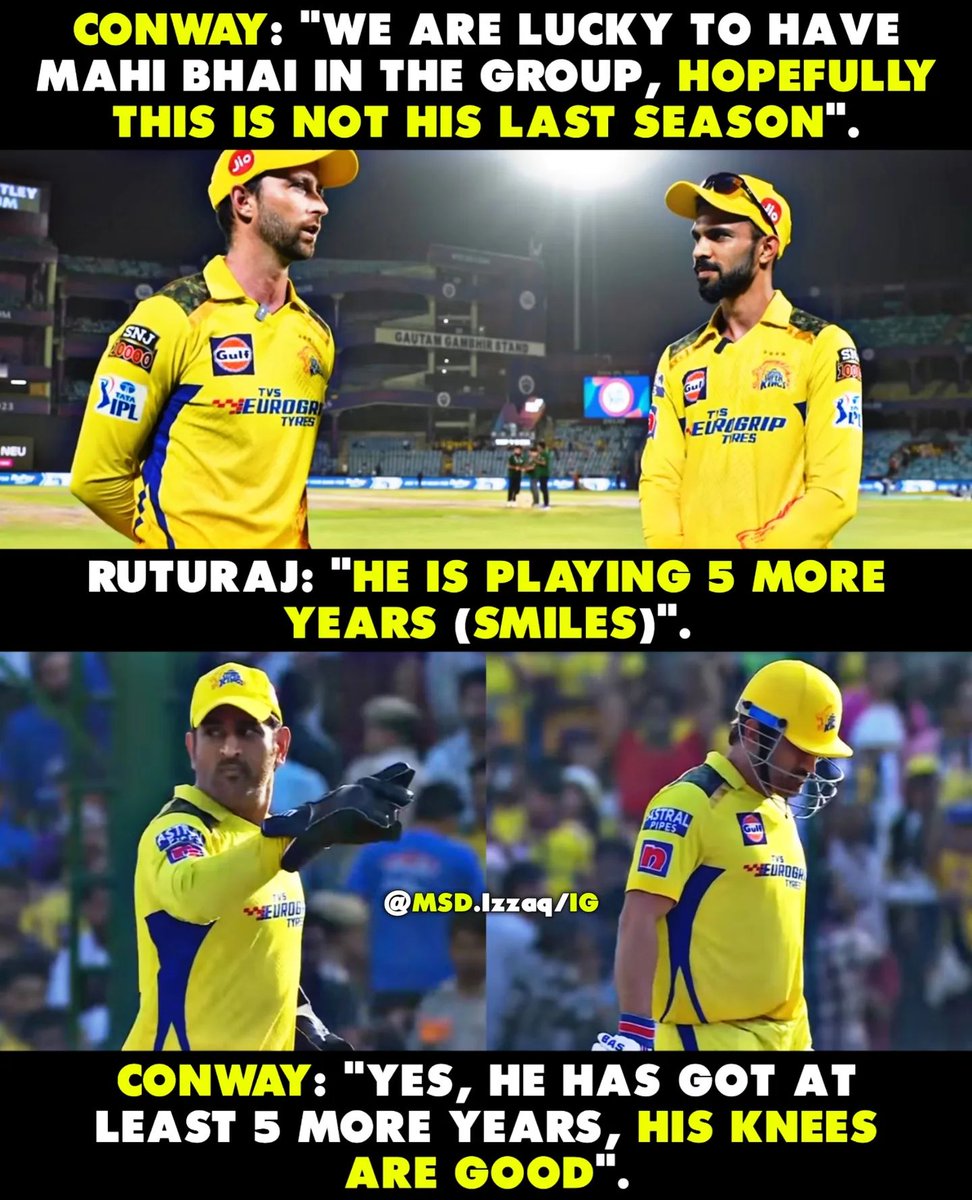 TheDhoniEra's tweet photo. "MS Dhoni has got 5 more years to play." - Conway &amp; Ruturaj 🥹💛

@MSDhoni #IPL2023 #WhistlePodu https://t.co/ZGz8I5gMVk