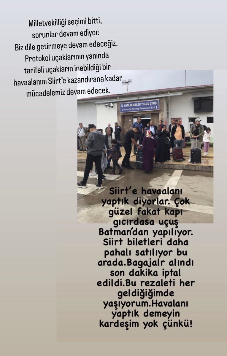 UmutDayanan's tweet photo. Siirt Protokol Havaalanına vatandaşın tarifeli uçağı bugünde inmedi. 

Vatandaş yine mağdur. 

Milletvekilliği seçimini kaybettik diye sorunları görmezden gelmeyeceğiz. 

Mücadeleye devam. 
#HepBeraber https://t.co/TzZ0rWlRbu