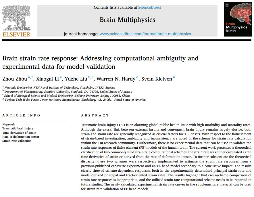 zhouzhoukth1's tweet photo. Our collaborative paper among @Neuronic_KTH, @eggeliu, and Prof. Warren Hardy on brain strain rate is now online. We clarified the ambiguity of strain rate computation and presented experimental strain rate curves for model validation.
https://t.co/mXb46z4R3z https://t.co/deRw9mUINN